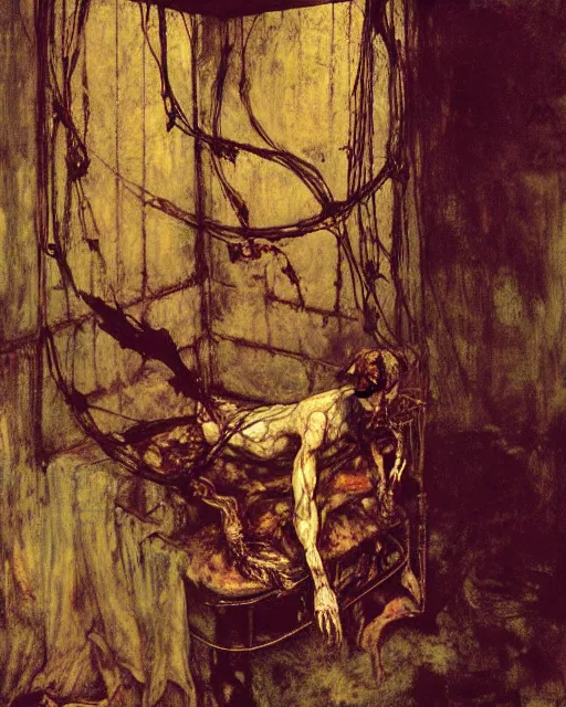 Image similar to oil painting of an old dead figure trapped in a cage in a living room in an old apartment and a dark figure is laughing, Wayne Barlowe digital art, Beksinski impasto painting, part by Egon Schiele, part by Peter Mohrbacher and Gerhard Richter. art by Francisco Goya and Takato Yamamoto,  Francis Bacon masterpiece