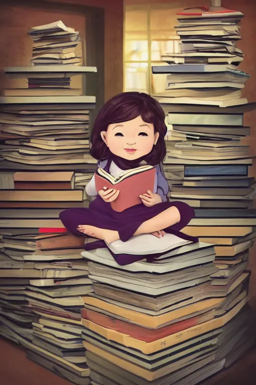 Prompt: a little girl sits cross legged on top of a tall pile of books. she is reading. clean elegant pretty cartoon painting, beautiful detailed face.