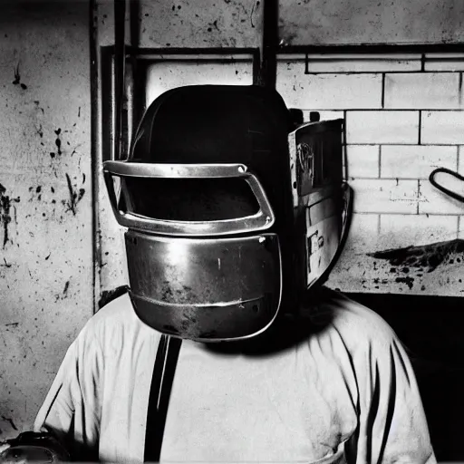 Image similar to welder in welding mask in an abandoned supermarket, by richard avedon, tri - x pan stock