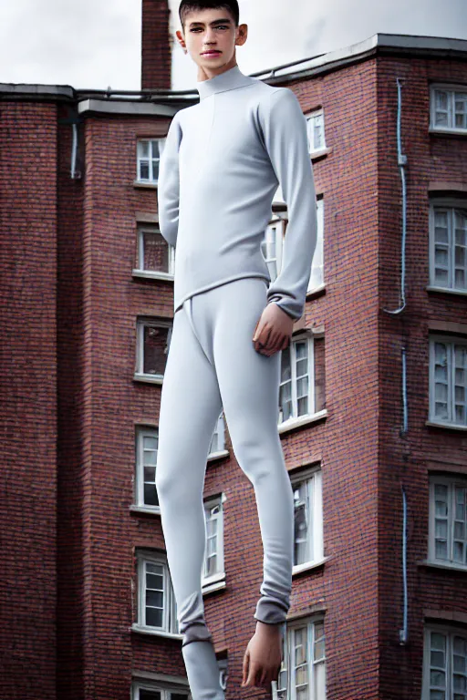 Image similar to un ultra high definition studio quality photographic art portrait of a young man standing on the rooftop of a british apartment building wearing soft padded silver pearlescent clothing. three point light. extremely detailed. golden ratio, ray tracing, volumetric light, shallow depth of field. set dressed.