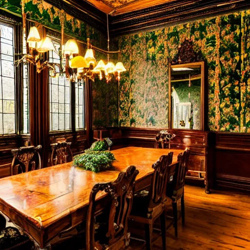 Image similar to beautiful 35mm footage landscape photography of a old Victorian Dining room, wood, green black gold brown colors, ornate wallpaper, stylistic furniture, window open to dark forest at night, wide-angle lens, detailed