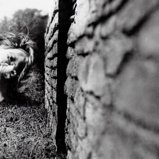 Image similar to An extremely terrified young man with long hair in 1930s attire cornered with his back against a stone wall. Scared look, panic, horror