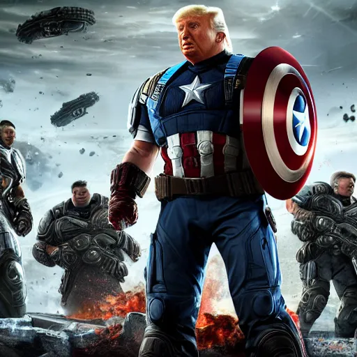 Image similar to Portrait! of President Donald Trump as ((captain america)) in Gears of War, splash art, movie still, cinematic lighting, dramatic, octane render, long lens, shallow depth of field, bokeh, anamorphic lens flare, 8k, hyper detailed, 35mm film grain