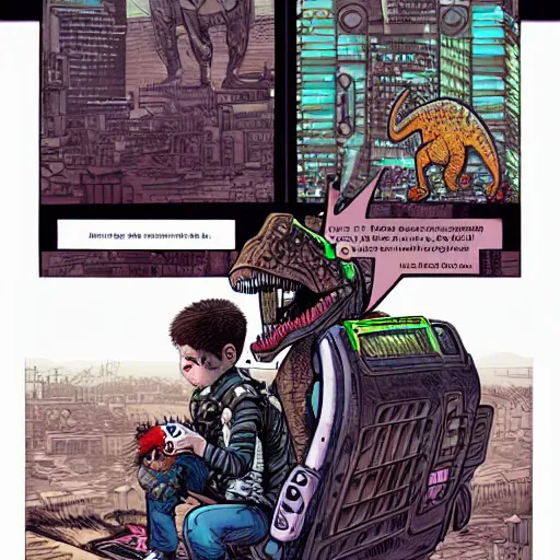 Prompt: intricate detailed full-page comic book cover illustration of a cyborg punk street kid with a pet dinosaur, no speech bubbles, cyberpunk