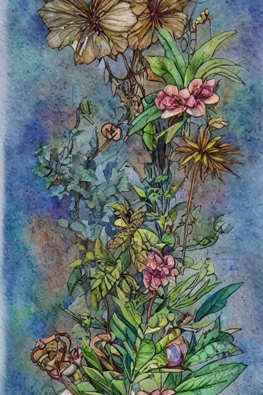 Prompt: watercolor steampunk botanical nature