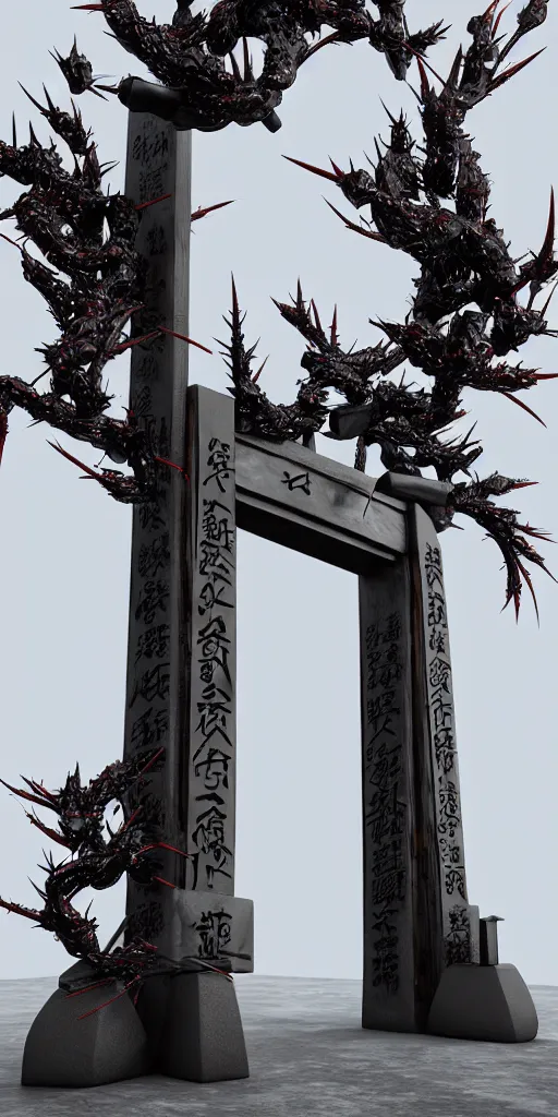 Prompt: 3 d render of a torii gate sculpture, chrometype, liquid metal, neotribal with thorns, japanese temple, raytraced, volumetric lightning, 8 k, by zheling xu, wlop, ouchh and and innate studio