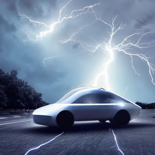 Image similar to futuristic flying car emerging from a circle of lightning in the sky, thunderstorm at night, 28mm dramatic photo