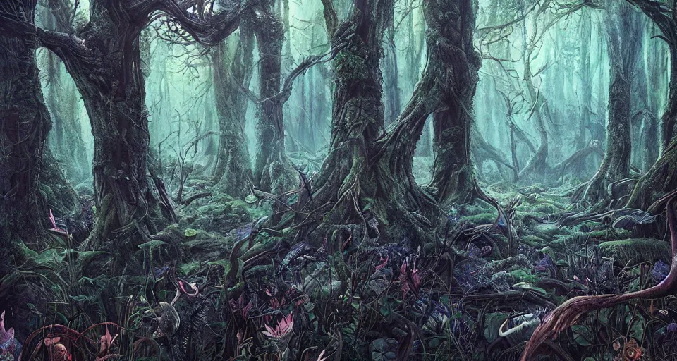 Image similar to A dense and dark enchanted forest with a swamp, by Android jones,