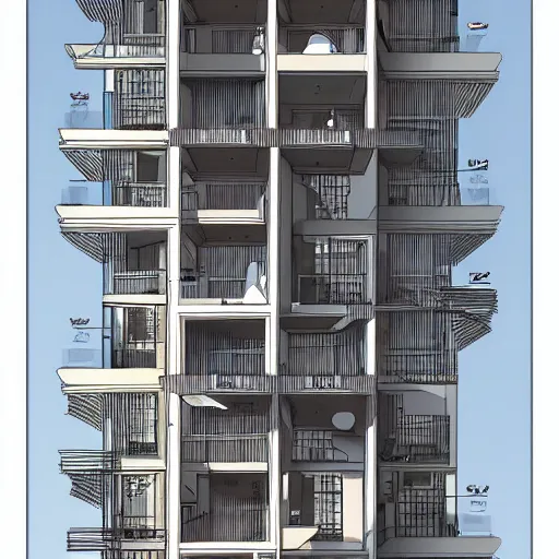 Prompt: cutaway drawing of a building, view on the different appartement, by studio muti