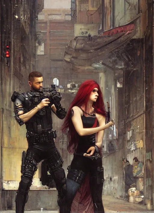 Image similar to maria evades sgt rhodes. Cyberpunk hacker escaping Menacing Cyberpunk police trooper wearing a combat vest. Rainy streets (dystopian, police state, Cyberpunk 2077, bladerunner 2049). Iranian orientalist portrait by john william waterhouse and Edwin Longsden Long and Theodore Ralli and Nasreddine Dinet, oil on canvas. Cinematic, vivid colors, hyper realism, realistic proportions, dramatic lighting, high detail 4k