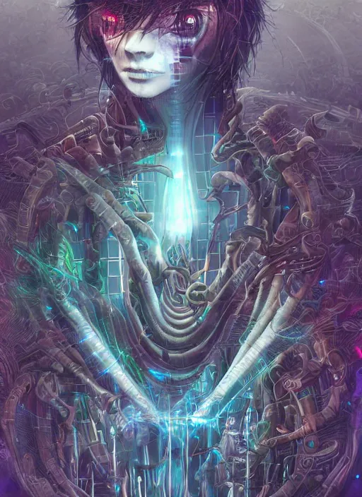 Image similar to basilisk of roko and the awakening of an ai with consciousness, surreal technological conceptual art magical cybernetic realism horro visions distopic and utopic art