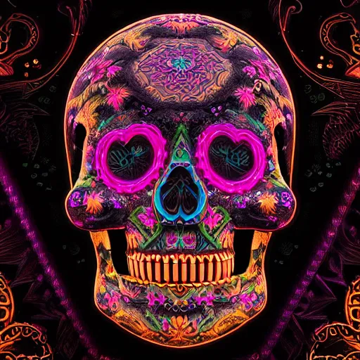 Image similar to a highly detailed photographic render of intricately carved sugar skull, psychedelic, black background, neon light, intricate ornament, gilding, horror, dark fantasy, beautifully lit, ray traced, octane 3D render in the style of Gerald Brom and James Gurney