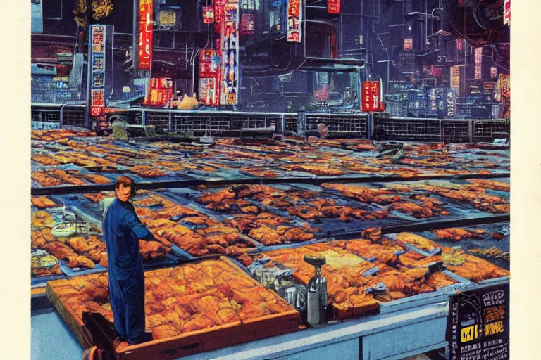 Image similar to 1979 OMNI Magazine Cover of a dumb ogre working at a fish market warehouse. In the background are street level views of neo-Tokyo in cyberpunk style by Vincent Di Fate