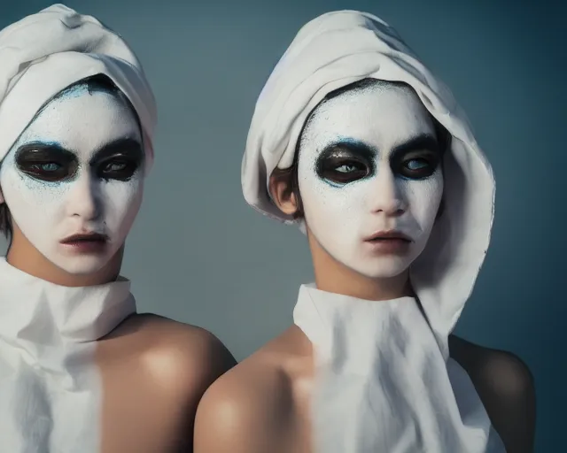 Prompt: a film still of two synthetic female human oracles wrapped in white cloth, beautiful, tribal facepaint, neotokyo, cinematic lighting, 3 5 mm, high resolution, 4 k