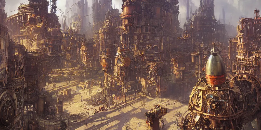 Image similar to steampunk city built on giant gears, clockwork, giant mechanisms, industry, steampunk villages castles, buildings vista artstation illustration sharp focus sunlit vista painted by ruan jia raymond swanland lawrence alma tadema zdzislaw beksinski norman rockwell tom lovell alex malveda greg staples