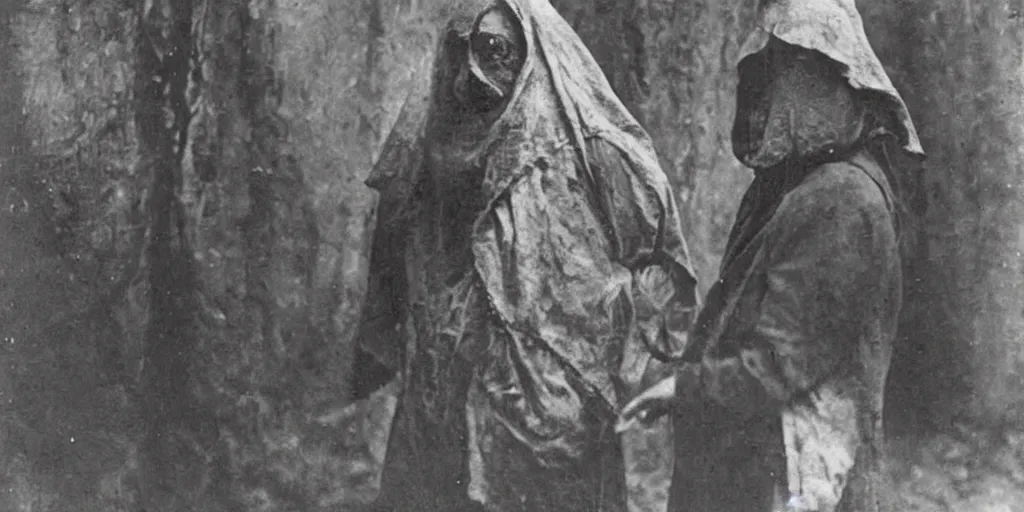 Image similar to hermit wearing a scary mask to scare off people, 1900s picture