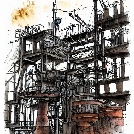 Prompt: Steampunk factory, ink and watercolor, dark vibe