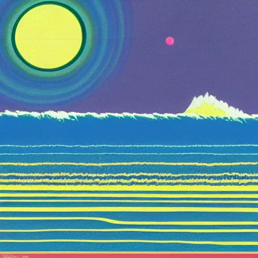 Prompt: 1980s prog rock album cover design of a waves crashing on the shore of a beautiful psychedelic planet —width 1024 —height 1024