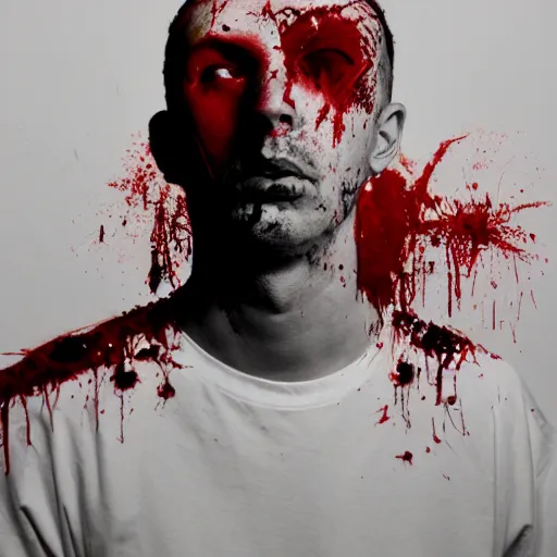 Image similar to matte portrait of a depressed young man covered in blood, by Antony Micallef, minimalist cubism