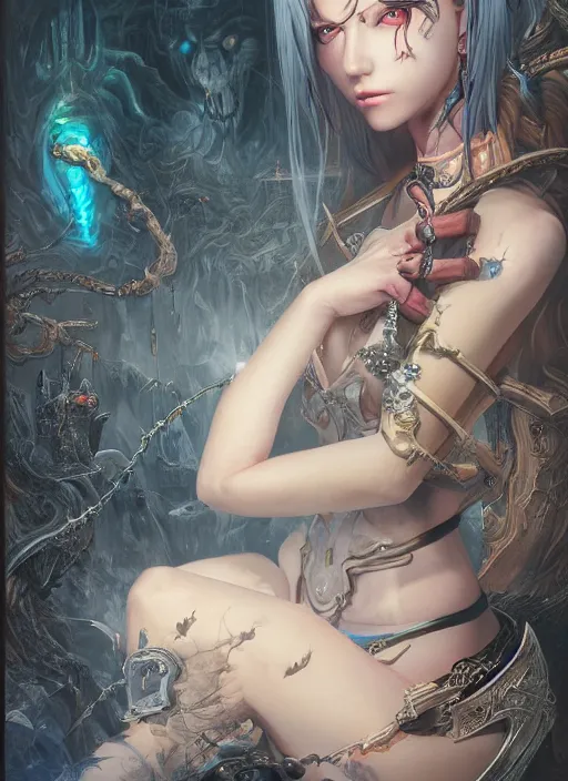 Image similar to breathtaking detailed painting of evil fantasy sorceress, dark castle setting, with anxious, piercing eyes, Atari game cover art by Hsiao-Ron Cheng, James jean, Miho Hirano, Hayao Miyazaki, extremely moody lighting, hyperrealistic, octane render, RPG portrait, ambient light, dynamic lighting