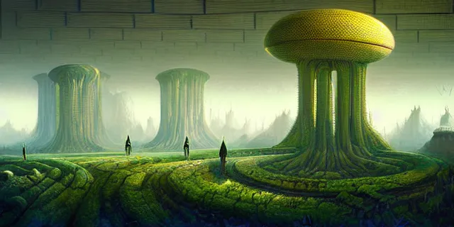 Image similar to painting alien nature labyrinth consuming futuristic mega city from blade in the style of nebulapunk by tomasz alen kopera and daniel lieske with futuristic castle by simon stahlenhag