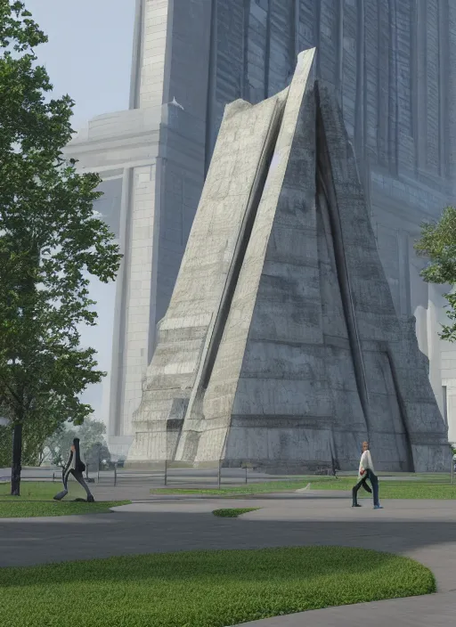 Image similar to highly detailed realistic architecture 3 d render of a futuristic stele monument in ieoh ming pei style standing in city park, archdaily, made in unreal engine 4 octane render