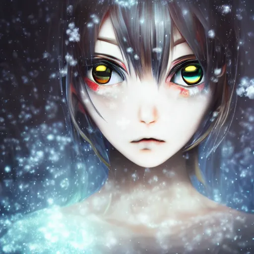 Prompt: photorealistic full body shot of masterpiece angry darkness anime girl, beautifull manga lovely eyes, electric aura with particles, snowing frozen ice, darkness background inspired by tim burton, detailed, unreal engine 4 k, volumetric light, fog