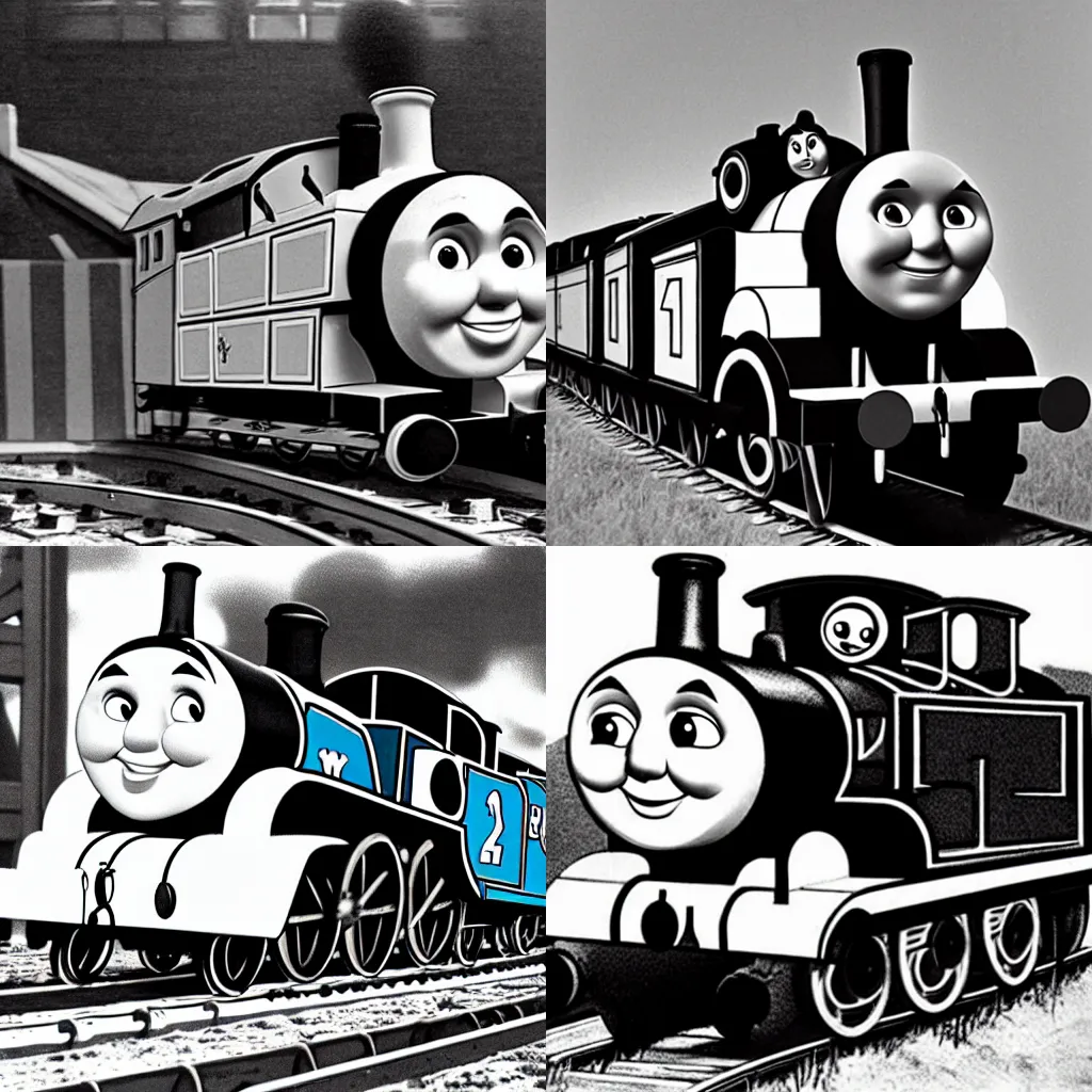 Prompt: Thomas the tank engine with Gary Busey's face, cartoon, steamboat willy, monochrome 1920