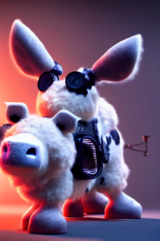 Image similar to high quality 3 d render very cute fluffy! cyborg cow plays guitar, cyberpunk highly detailed, unreal engine cinematic smooth, in the style of blade runner & detective pikachu, hannah yata charlie immer, moody light, low angle, uhd 8 k, sharp focus