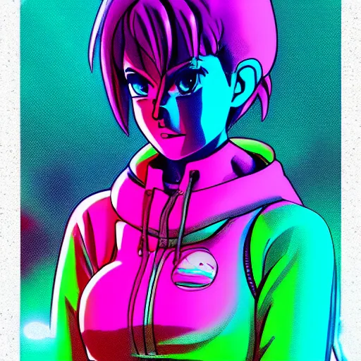 Prompt: bulma in hoodie, portrait, vaporwave, synthwave, neon, vector graphics, cinematic, volumetric lighting, f 8 aperture, cinematic eastman 5 3 8 4 film