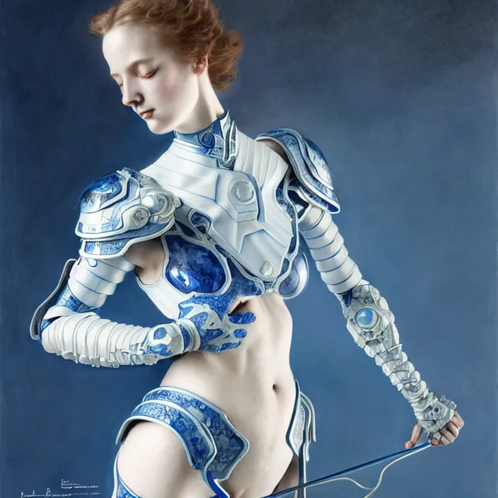 Image similar to porcelain cyborg armor, Chinese Blue and white porcelain, diffuse lighting, fantasy, intricate, elegant, highly detailed, lifelike, photorealistic, digital painting, artstation, illustration, concept art, smooth, sharp focus, art by John Collier and Albert Aublet and Krenz Cushart and Artem Demura and Alphonse Mucha