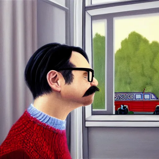 Image similar to An Oil Painting of the back view of Rivers Cuomo in a sweater with long hair and a mustache sweating bullets as he looks outside his window in front of him in his apartment to see kim jong un's nukes falling onto the city, hyperrealistic, extremely realistic, highly realistic, HD Quality, 4k resolution, 8k resolution, Detailed, Very Detailed, Highly Detailed, Extremely Detailed, Intricate Details, Real, Very Real, Oil Painting, Digital Painting, Painting, Trending on Deviantart, Trending on Artstation