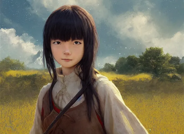 Prompt: lain iwakura as medieval peasant working in the field wiping off sweat yellow hairclip hairclip hairclip hairclip hairclip sparkling amber cute eyes wonderful masterpiece highly detailed scifi, beautiful cinematic light deep focus, elegant, digital painting, smooth, sharp focus, golden ratio, dramatic illumination, ultra realistic, 4 k, art by greg rutkowski wlop rossdraws