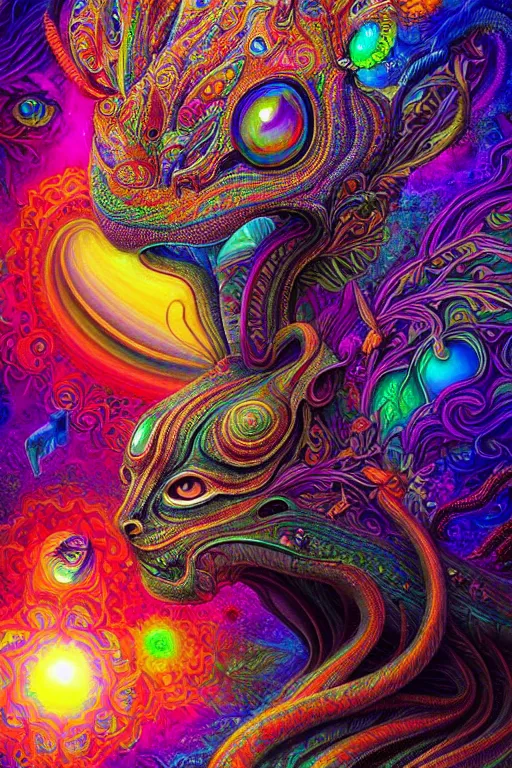Image similar to third eye opening dream of wild life, extremely colorful psychedelic experience, abstract, dmt, psilocybin, lsd, intricate, elegant, highly detailed, digital painting, artstation, smooth, sharp focus, illustration, art by hana yata, android jones, josephine wall octane render, unreal engine, 8 k