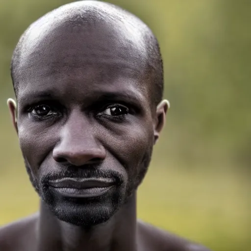 Image similar to a mentally ill black German man, thin, sad, post processing, portrait, realistic, award winning photo 8k