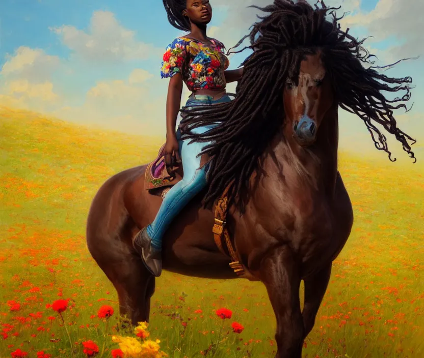 Image similar to full body portrait of young black woman riding a horse, flowing dreads, beautiful clydesdale, field of colorful flowers, highly detailed, digital painting, artstation, concept art, smooth, sharp focus, illustration, face by wlop, illustrated by mars ravelo and greg rutkowski