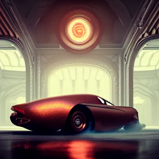 Image similar to cyborg vintage supercar slick warm tones pastel : by michal karcz, daniel merriam, victo ngai and guillermo del toro : ornate, dynamic, particulate, intricate, elegant, highly detailed, centered, artstation, smooth, sharp focus, octane render