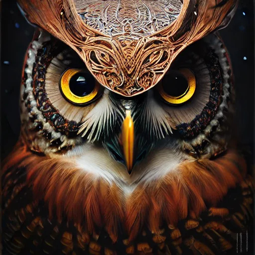 Prompt: a ultradetailed beautiful concept art of a an intricate wooden mask of an owl painted with beautiful colors, but the mask hide some dark secret, photorealism, ome reflexion in eyes, sharp details, volumetric light, high resolution 4 k, by tom bagshaw, greg rutkowski, charli bowater and artgeem