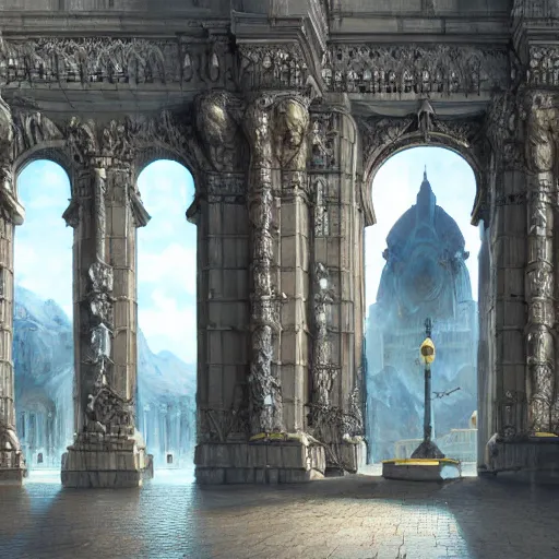 Image similar to carved futuristic gateway at the end of ancient ornate steps with a large wide window to a city which details the vast architectural scientific ancient and cultural achievements of humankind, complex composition, molecules and machines, renato muccillo, jorge jacinto, damian kryzwonos, ede laszlo, highly detailed digital art, cinematic blue and gold