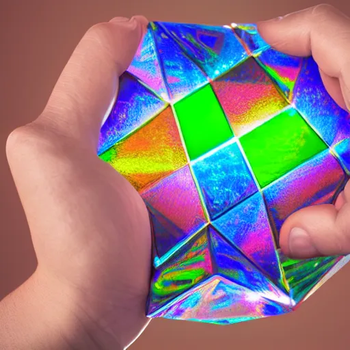 Image similar to a person holding a colorful object in their hand, a hologram by jeka kemp, polycount, crystal cubism, made of crystals, irridescent, holographic