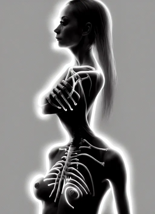 Image similar to female posing sensual figure x - ray, skeletal, glowing veins under translucent skin, highly detailed skin, bioluminescent, plasma, greg rutkowski, 8 k trending on artstation,