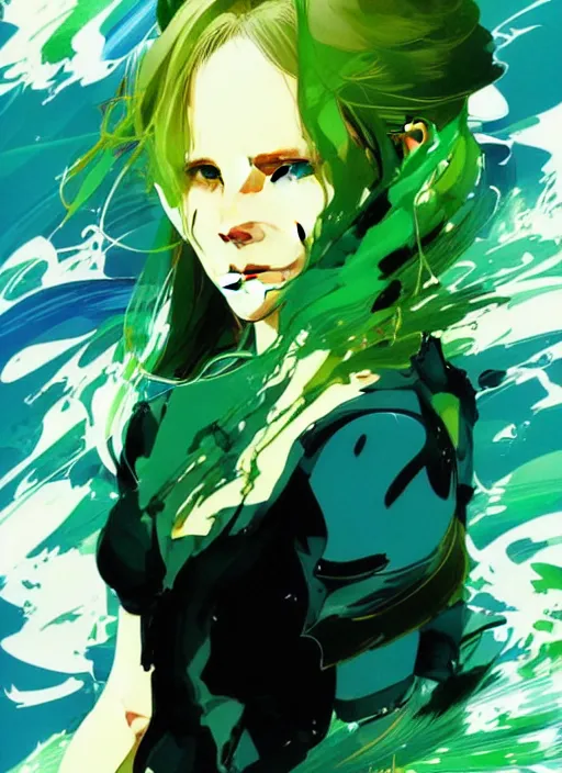 Image similar to style of yoji shinkawa, joshua middleton, beautiful kristen bell with green dress, very long blue hair, water powers water swirling, symmetrical face, symmetrical eyes, detailed, beach setting, cinematic lighting