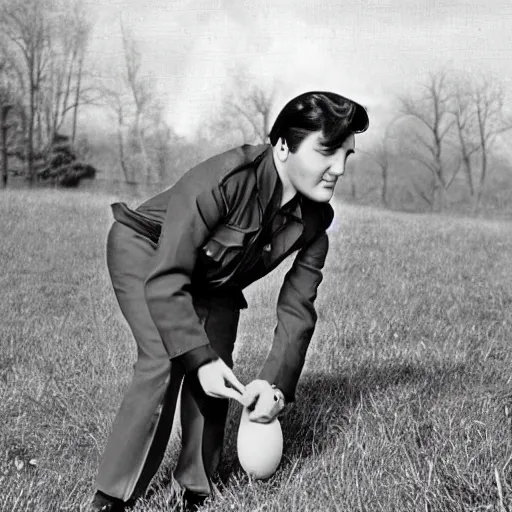 Image similar to historical footage of elvis on an easter egg hunt on easter sunday, 1 9 3 0 s, photorealistic, photo