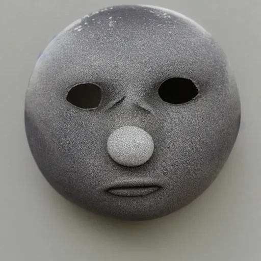 Prompt: photo of resin toy grey moon face with craters