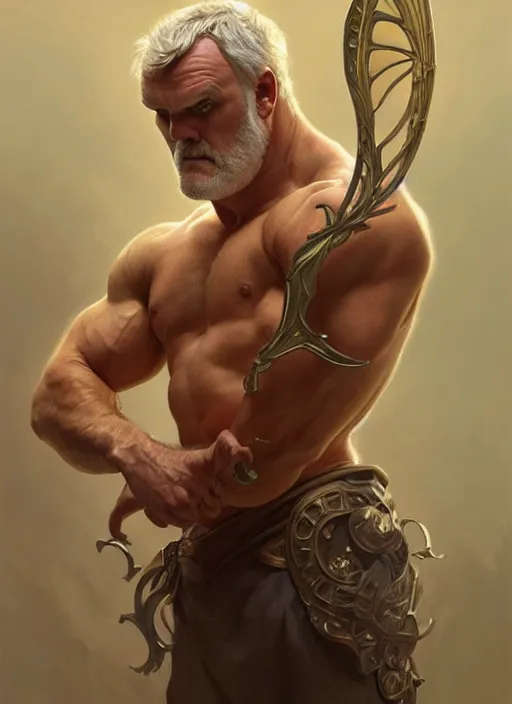 Image similar to portrait of greg davies, d & d, muscular! fantasy, intricate, elegant, highly detailed, digital painting, artstation, concept art, smooth, sharp focus, illustration, art by artgerm and greg rutkowski and alphonse mucha