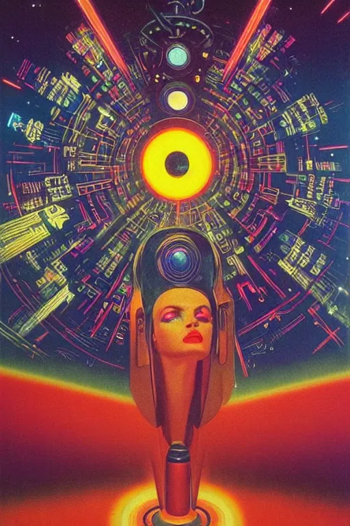 Prompt: 8 0 s art deco stars, planets, supernova, space, robots, led screens, droids, neon sign, computers, cinematic dramatic cyberpunk textural fluid lines otherworldly vaporwave interesting details fantasy lut epic composition by basquiat zdzisław beksinski james jean artgerm rutkowski moebius francis bacon gustav klimt