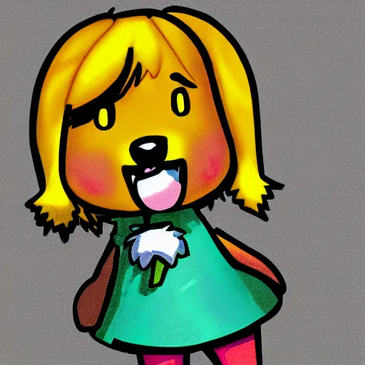 Prompt: a digital drawing of Isabelle from Animal Crossing in a style of emo/scene drawing, low quality, trending on artstation