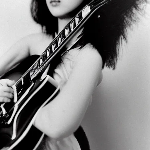 Image similar to a black and white photograph of a female japanese artist playing a gibson sg, 1 9 7 0 s