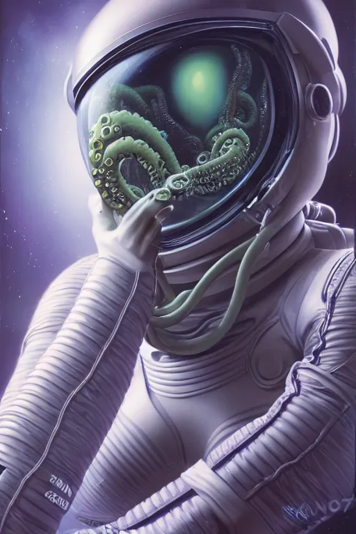 Prompt: extremely detailed studio portrait of female space astronaut, alien tentacle protruding from eyes and mouth, slimy tentacle breaking through helmet visor, shattered visor, full body, soft light, plain studio background, disturbing, shocking realization, deviantart, award winning painting by hajime sorayama