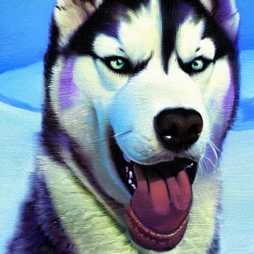 Prompt: a husky with headphones ， oilpainting, by baluschek, hans ， - h 7 6 8